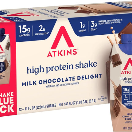 Atkins Milk Chocolate Delight High Protein Shake, 15g Protein, 2g Net Carb, 1g Sugar, Keto Friendly, Chocolate Flavored Protein Shakes, 12 Count