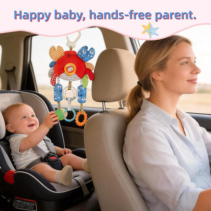 Roadtrip Car Seat Toys for Baby 6-12 Months, Infant Travel Sensory Toys with Clip, Soft Montessori Hanging Plush Toys Wind Chime, Teether, Rattle, Squeaky for Newborn Boy Girl Gifts