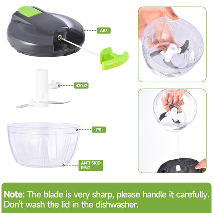 Manual Food Processor Vegetable Chopper, Portable Hand Pull String Garlic Mincer Onion Cutter for Veggies, Ginger, Fruits, Nuts, Herbs, etc., 500ml,（Gray-green）