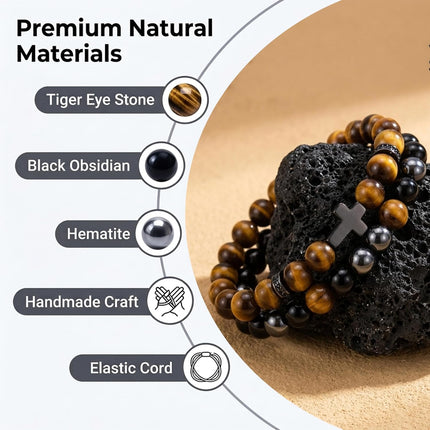 Cross Bracelet for Men - Black Obsidian Hematite Tiger Eye Triple Protection Bracelet Set 8MM Stretch Beaded Bracelets Faith Jewelry Gift for Men Boyfriend Husband Son