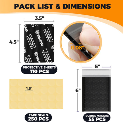 Ding Defend Card Shipping Protector Envelope Bubble Mailer Kit with 110 Card Shipping Protectors (3.5x4.5 Inches), 55 Bubbles Mailers, 250 Tape Seals for Collectible Cards - Black