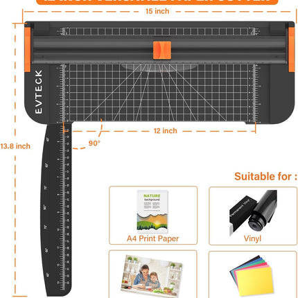 Evteck Paper Cutter 12 Inch Paper Trimmer Slider Crafting Scrapbooking Supplies for A4 Vinyl Photo Cardstock with Security Blade and Foldable Ruler