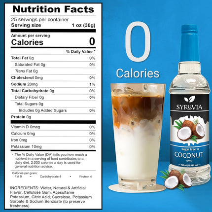 Syruvia Sugar Free Coffee Syrup, Coconut Flavored Syrup for Drinks, Lattes, and Desserts – 25.4 fl oz