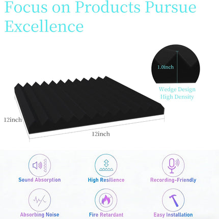 12 Pack Sound Proof Foam Panels for Walls, 1" x 12" x 12" High Density Acoustic Panels, Sound Absorbing Noise Cancelling Foam for Recording Studio, Office, Home Theater (Black, 12 Pack)