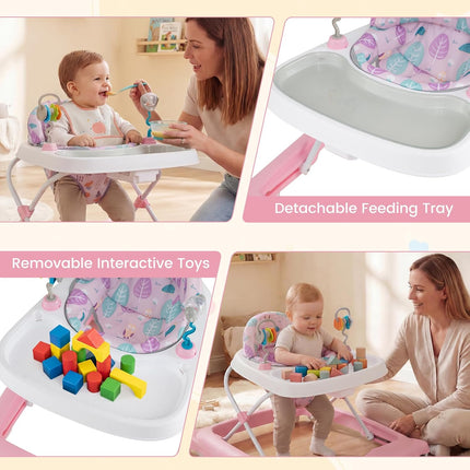 BABY JOY Baby Walker, Foldable Activity Walker with Adjustable Height, Large Tray & Removable Toys, Baby Walker with Wheels for Boys Girls 6-12 Months (Pink)