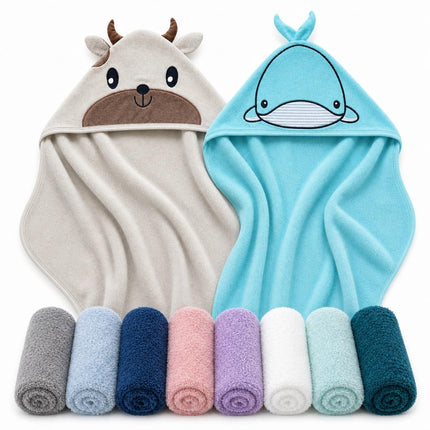 2 Pack Hooded Baby Towel Rayon Made from Bamboo and 8 Washcloths - Lovely Elephant, Happy Bird