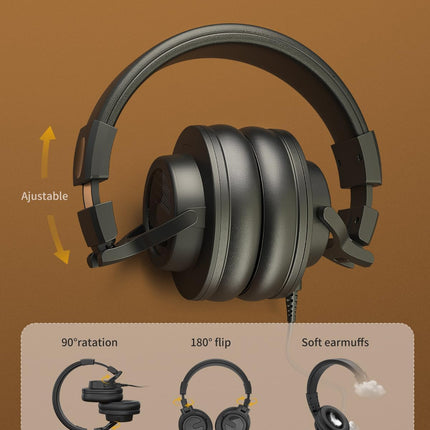 Wired Over Ear Headphones, DJ & Studio Monitor Headphones with 50mm Driver, Stereo Headsets with 1/4 and 3.5mm Jack for Recording Mixing Podcast Keyboard Guitar Laptop - Black