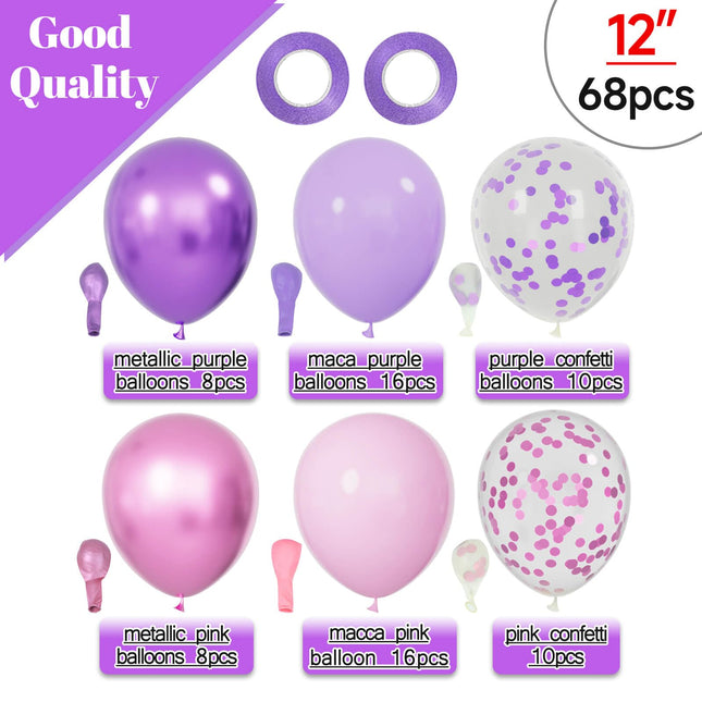 68Pcs Globos rosa y morado 12 Inch Globos de látex morado metálico rosa con confeti y cintas para decoración de boda, cumpleaños de niñas, baby shower.