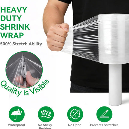 5" x 1200' Plastic Shrink Wrap Roll for Moving – 80 Gauge, 500% Stretch Saran Wrap, Heavy Duty Stretch Wrap for Shipping, Packing, Pallet & Furniture Protection – 12 Rolls with Handles