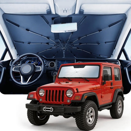 Umbrella Windshield Sun Shade for Car & SUV, Car Sunshade for Front Windshield [Nano Ice-Crystal Coatings] UPF50+ Heat & UV Block, Protect Interior & Keep Cooler Universal for Most of Sedan & SUV