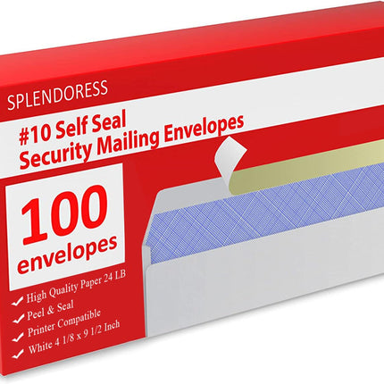 Sobres #10 tamaño carta con autosellado | 100 sobres de seguridad para envíos comerciales con cierre adhesivo | Tintados | paquete de sobres blancos no 10 sin ventana legales regulares lisos | 4-1/8 x 9-1/2 Inches | 24 LB