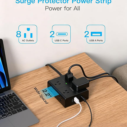 One Beat Surge Protector Power Strip, 6 Ft Ultra Thin Flat Extension Cord with 8 Outlets 4 USB Ports(2 USB C), Flat Plug Power Strip, White Power Strip for Home, Office, Dorm Room Essentials, Black