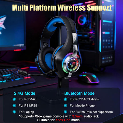 2.4GHz Wireless Gaming Headsets for PS5/PS4/PC/Switch/Xbox, RGB Noise Cancelling Over-Ear Headphones with 7.1 Surround Sound, 40mm Drivers, 276g Ultraligero, Memory Foam, 45H Gaming Headphones Black