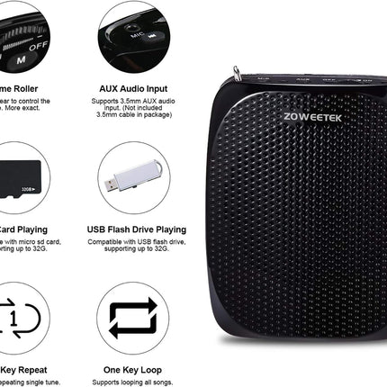 ZOWEETEK ZW-Z258 Portable Rechargeable Mini Voice Amplifier for Teachers with Wired Microphone Headset and Waistband,Supports MP3 Format Audio for Speech, Class, Training,Tour Guide,Power Amplifiers