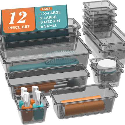 ElegantArray 12-Piece Drawer Organizer Set, 4 Sizes Versatile Plastic Vanity Organizer for Makeup, Stationery, Gadgets, in Kitchen, Bathroom, Office, and Bedroom, Black