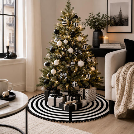 30 Inch Black and White Christmas Tree Skirt with Pom Poms