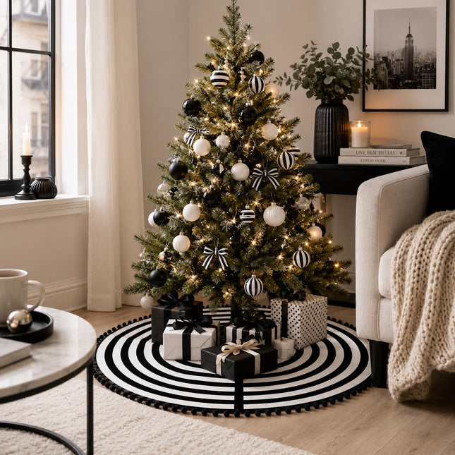 30 Inch Black and White Christmas Tree Skirt with Pom Poms