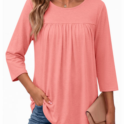 Womens 3/4 Length Sleeve Tops Boho Blouses Casual Pleated Shirts