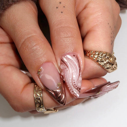 24Pcs Brown French Tip Press on Nails - Medium Almond Fake Nails with 3D Rhinestones Pearls Design Brown Lily Flower False Nails Nude Glossy Full Cover Chrome Gold Artificial Glue on Nails for Women
