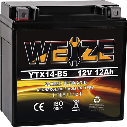 YTX14 BS ATV Battery High Performance - Maintenance Free - Sealed AGM YTX14-BS Motorcycle Battery compatible with Honda Suzuki Kawasaki Yamaha scooter snowmobile