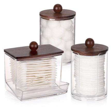 3 Pack Qtips Holder Bathroom Container, 10 oz Cotton Ball/Swabs Dispenser, Apothecary Jar Organizer for Storage Brown Wood Lids