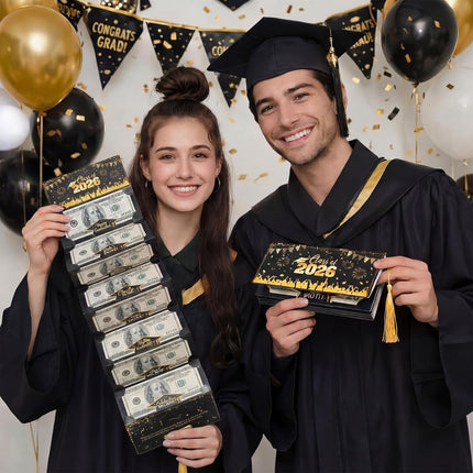 Pasimy 2026 Graduation Money Cards with Envelope for Cash Gift Graduation Money Holder Party Cash Cards for Class of 2026 College High School Grad Party Supplies Men Women Gift (Black Gold,2 Pcs)
