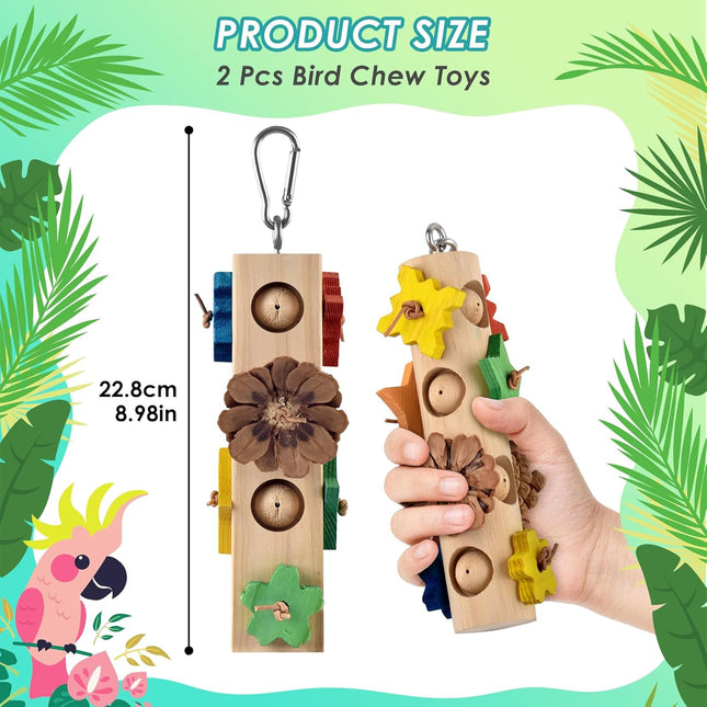 Bird Toys for Parrot, 2 Pcs Hanging Colorful Wood Blocks Pine Cones Parakeet Chew Foraging Toy for - photo 2