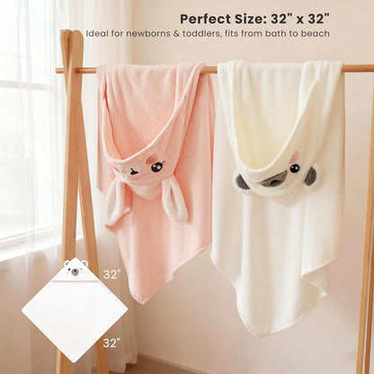 2-Pack Hooded Baby Towels, 32 in x 32 in Soft Absorbent Plush Fleece with Cute Animal Hood - photo 4