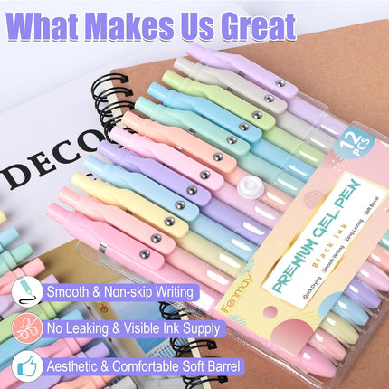 Fenmay Gel Pens, 12 Pcs 0.5mm Fine Point Aesthetic Pens, Quick Dry No Smudge, Smooth Writing Comfortable Grip Pen, Cute Black Ink Journaling Pens for School Supplies Office Desk Accessories