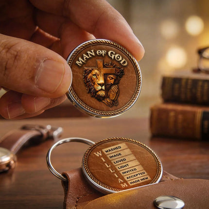 Man Of God Personalized Pocket Hug with Name in Bible Verse, Custom Christian Inspirational Coin Token with Leather Holder Keychain, Fathers Day Religious Faith Affirmation Gift for Dad, Husband (5)