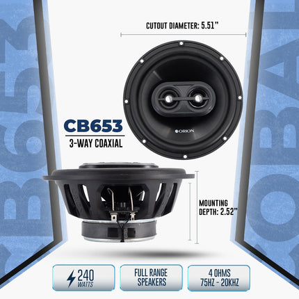 ORION Cobalt Series CB653 6.5” 3-Way Coaxial Car Speakers, 240W, 4 Ohms, Full Range, Enhanced Bass, Polypropylene Cone & Butyl Rubber Surround, Easy Install (Pair)
