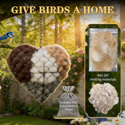Bird Nesting Material Nest Alpaca Fiber Heart Holder for Wild Birds Warmed Homes Blocker Wool Fur Fiber Nests Handmade Stuff Box Balls Supplies Natural Shaped Feeder Hearts Hair Cotton Hanging