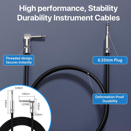 Short Guitar Cable 3.3ft, Amp Chord Electric Guitar Aux Amp Cord Braided, TS 1/4 Quarter Inch Straight to Right Angle Bass Instrument Cable Pro Audio (Black, 1Pack)