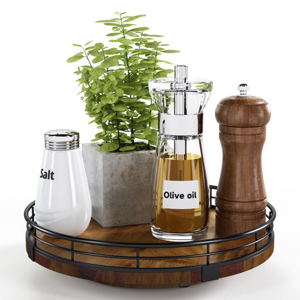 9-Inch Farmhouse Oak Wood Lazy Susan Organizer for Table Top, Walnut