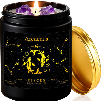 Pisces Zodiac Crystal Candles Gift for Women Men - Amethyst Healing Scented Soy Candle with Lavender Aromatherapy for Relaxation, 7oz 50 Hour Burn, Unique Zodiac Sign Candle for Brithday