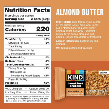 KIND Breakfast Protein Bars, Almond Butter, Gluten Free, Low Sodium, Healthy Snacks, 8g Protein, 6 Count (6 Packs of 2 Bars)