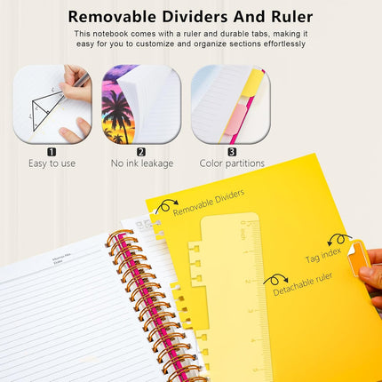 Hardcover Spiral Notebook College Ruled, 8"x10" Leather Journal Notebook with Magnetic Closure, 300 Pages 5 Subject Notebook with Dividers Tabs Journal for Women Men, Work, School
