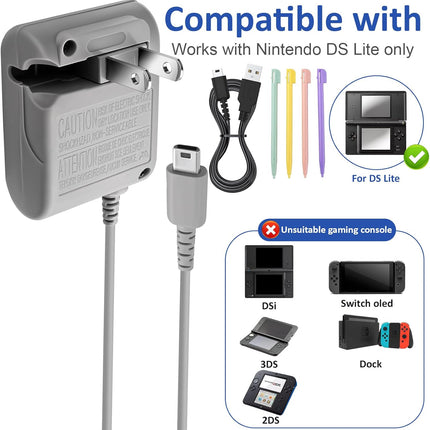 DS Lite Charger Kit,Charger Adapter AC Power for Nintendo DS Lite,100-240V Portable Travel Wall Charger with Foldable Plug & 4 Stylus Pens