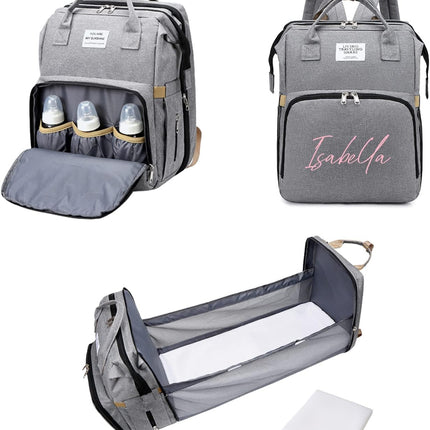 Personalized 3 in 1 Diaper Bag Backpack with Changing Station Multifunction Large Baby Diaper Bags for Boys & Girls Portable, Custom Lightweight Changing Bag Newborn Baby Essential Gifts (Grey)