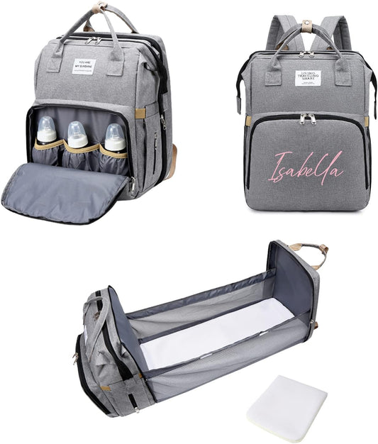 Personalized 3-in-1 Grey Diaper Bag Backpack with Changing Station