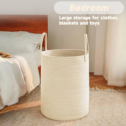 JMvicyroam Large Woven Laundry Basket Hamper,60L Cotton Rope Storage Bin for Blankets,Toys and Clothes,Decorative Tall Nursery Hamper for Living Room,Baby Nursery,Bathroom and Bedroom,Beige