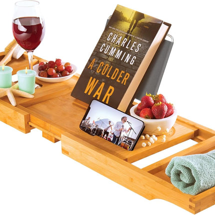 Expandable Bamboo Bathtub Caddy Tray with Wine, Book & Tablet Holder