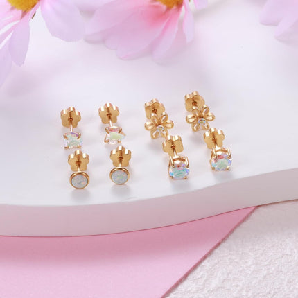 4Pairs Hypoallergenic Screw Back Earrings for Women 14k Gold Surgical Steel Flat Back Earrings Opal CZ Flower Heart Cartilage Earring for Sensitive Skin 20G Handmade Nap Flatback Earrings Studs