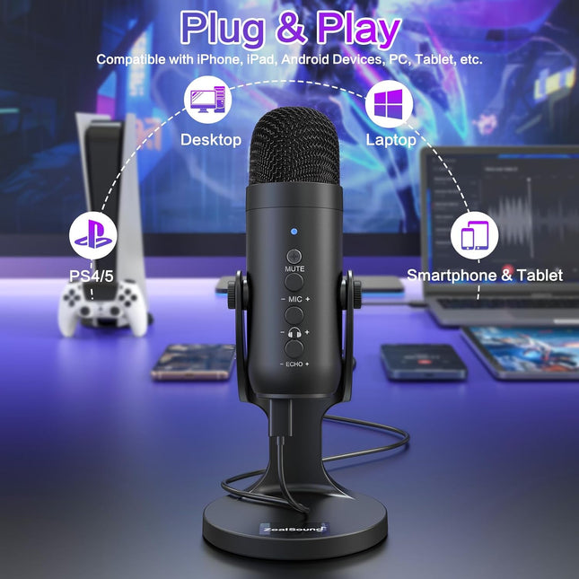Podcast Microphone for PC, Noise Cancellation USB Mic with Gain, Volume Adjustment & Mute Button - photo 2