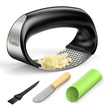 Garlic Press Rocker - Stainless Steel Garlic Crusher, Mincer and Chopper with Peeler & Scraper, Easy Kitchen Gadget for Smashing