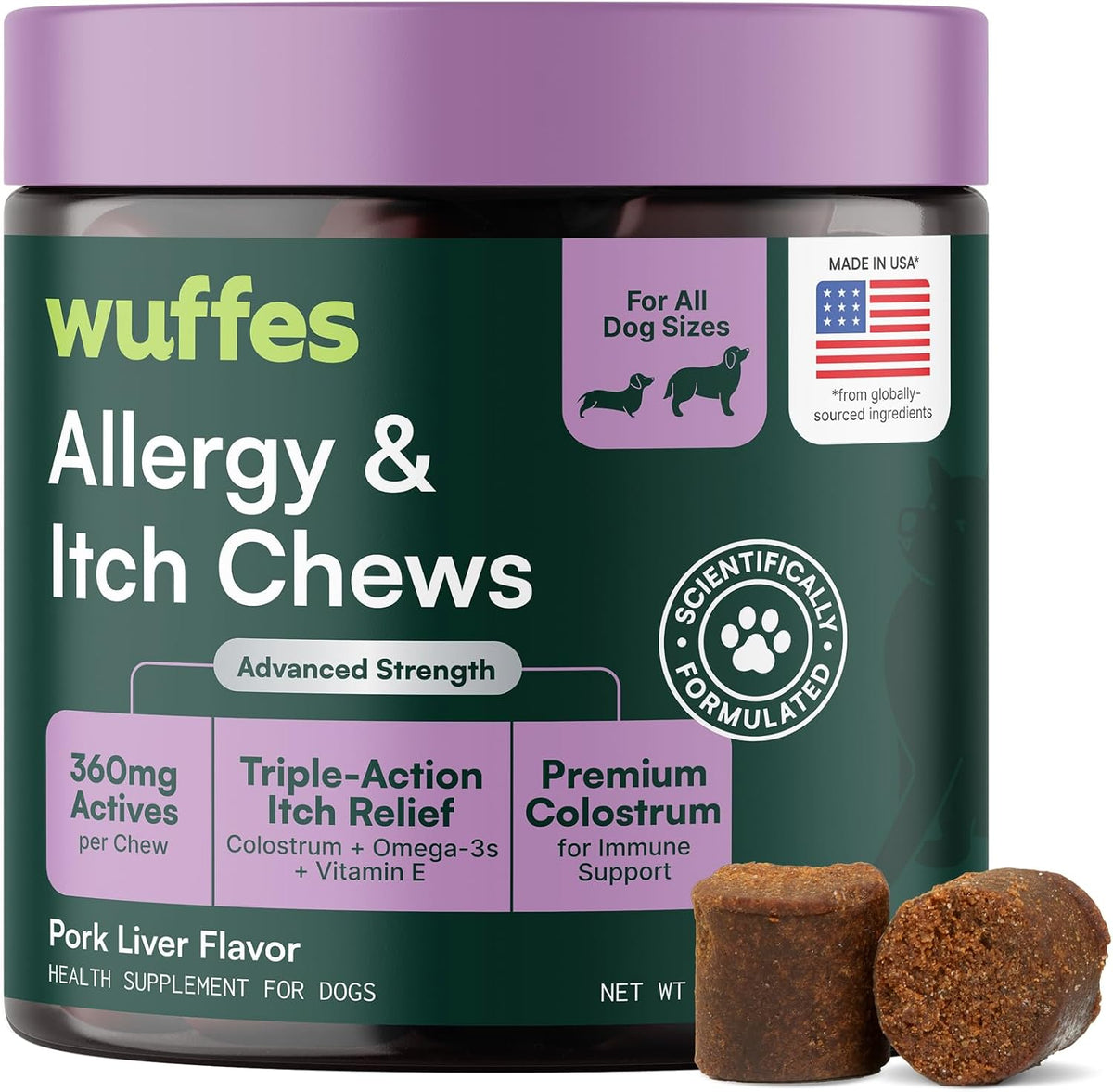 Allergy & Itch Soft Chews, Dog Allergy Support with Colostrum, Vitamin E and Omega 3s for Dogs, Non-Drowsy Immune and