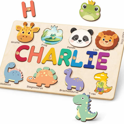 Custom Wooden Name Puzzle for Toddlers 1-3, Personalized Baby Gift with Animal Theme, First Birthday Gift for Boys & Girls, Alphabet Learning Toy