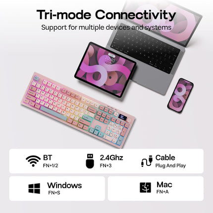EPOMAKER Aula S102 PRO Membrane Gaming Keyboard with TFT Screen, Volume Knob & Number Pad, BT/2.4G/USB, RGB Backlit, Creamy Silicone Structure, Silent Keyboard for PC Game/Office (Pink)