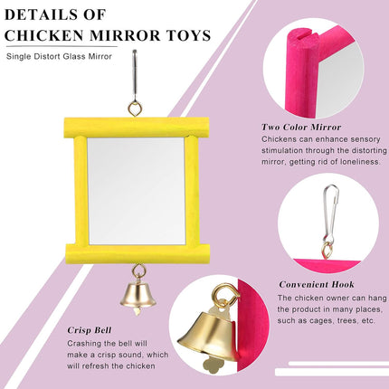 Sumind 2 Pieces Chicken Mirror Toys Hanging Swing Mirror with Bell Wooden Pecking Toy and 4 Pieces Beak Grinding Molar Stones for Hens Birds Parrots