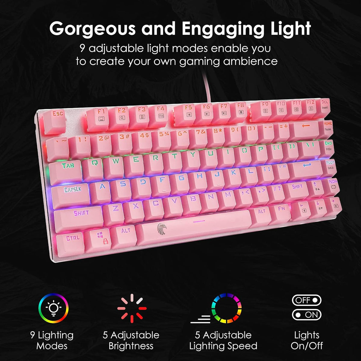60% Mechanical Gaming Keyboard with Red Switches, Rainbow LED Backlighting, Hot Swappable 81 Keys, Pink - photo 3